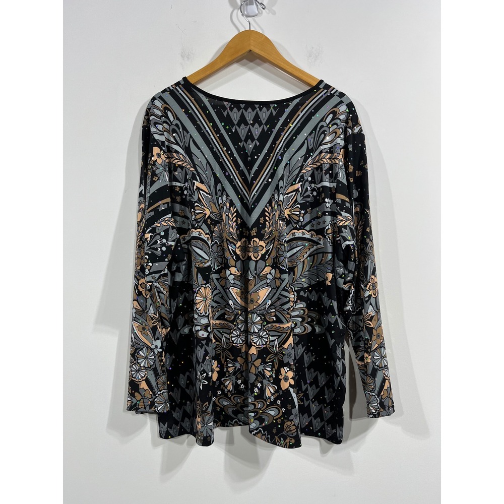 Bob Mackie Black Floral V-Neck Long Sleeve Blouse with Gray and Tan Accents. - Picture 4 of 11